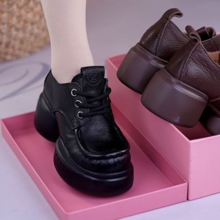 2026春秋新款真皮坡跟深口皮鞋女复古休闲松糕鞋厚底增高系带单鞋