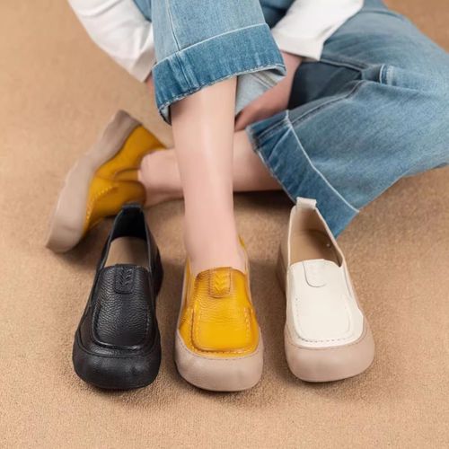 【雨露】头层牛皮春季妈妈女单鞋平底软底软面舒适百搭乐福鞋主图