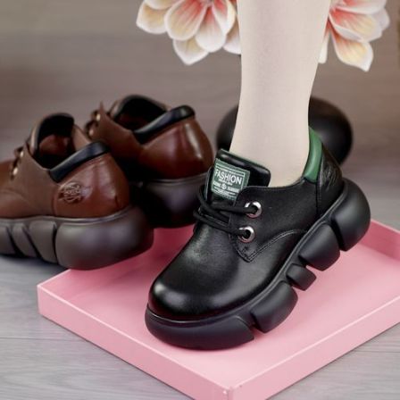 头层牛皮圆头透气系带胶粘乐福鞋拼色单鞋英伦风短靴平底