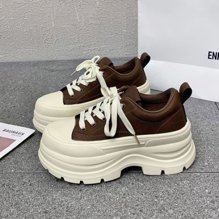 真皮增高7cm欧美风时尚休闲鞋女2025秋季拼接松糕底休闲鞋潮鞋