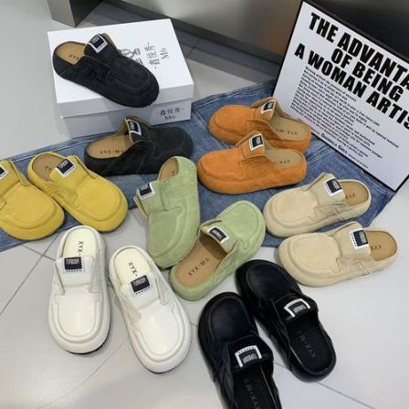 广州欧货【黄油曲奇】早春真皮5cm勃肯圆头洋气轻奢包头拖6226-11