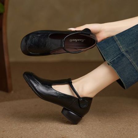 法式复古牛皮单鞋女浅口宽脚方头小皮鞋真皮中跟女鞋粗跟玛丽珍鞋
