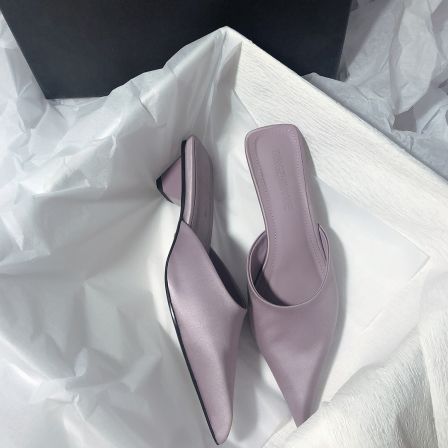 森屿海巷 真皮尖头气质粗跟拖鞋一脚蹬后空舒适优雅纯色中跟凉鞋