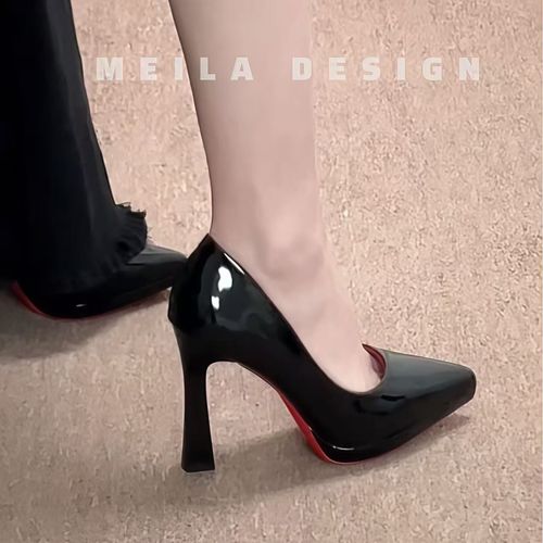 黑色高跟鞋女2026新款尖头红底漆皮气质久走不累脚性感职业单鞋子主图
