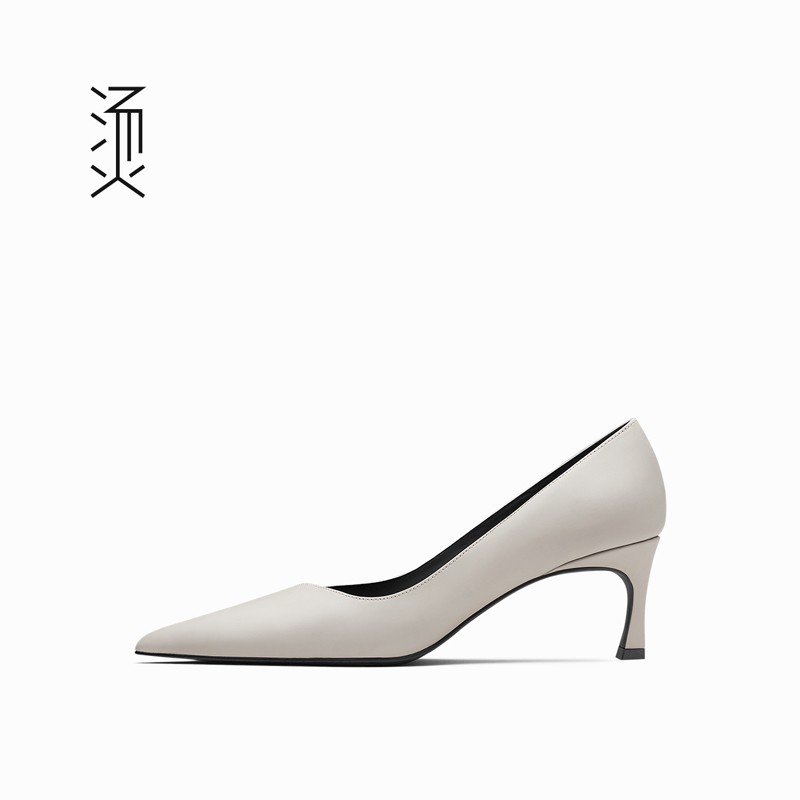 烫[自]灰色牛皮尖头斜口小猫跟中高跟单鞋气质职业百搭舒适女鞋主图