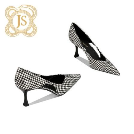 已开价，1004D5624时尚法式气质千鸟格尖头细跟侧空浅口高跟单鞋