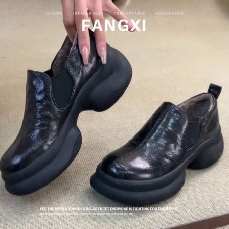 羊皮版~2026年新款圆头厚底小皮鞋女松糕底深口一脚蹬英伦风单鞋