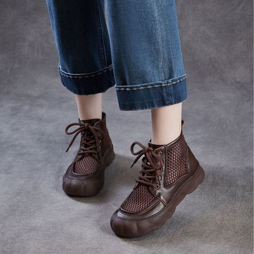 春夏镂空马丁靴女凉靴厚底网面透气短靴真皮洞洞女鞋系带罗马凉鞋主图