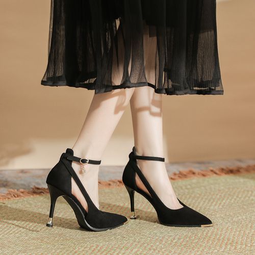 尖头细跟绒面纯色镂空一字带高跟鞋百搭通勤上班工作鞋气质时尚主图