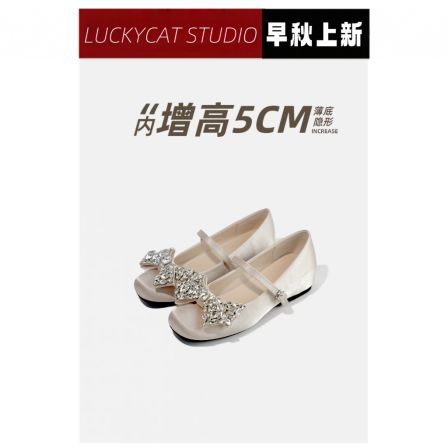 2026明星同款网红鞋子蝴蝶水钻内增高玛丽珍鞋女绸缎芭蕾鞋子