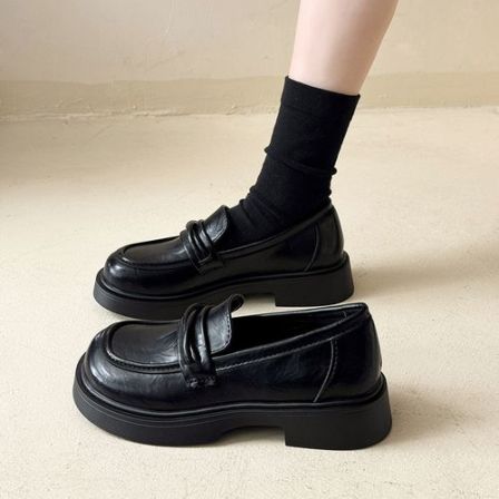圆头百搭复古黑色厚底小皮鞋女2026新款春季法式粗跟英伦风乐福鞋
