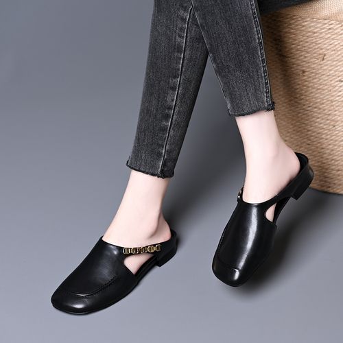 金属链条镂空包头半拖鞋女2025春夏新款方头平底软皮后空穆勒鞋子主图