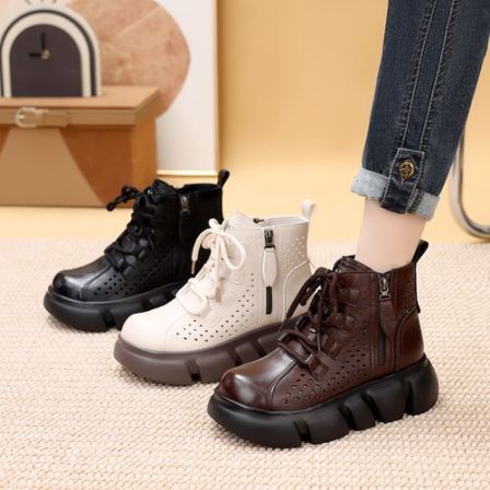 2026春季新款镂空马丁靴女透气厚底增高复古风百搭短筒靴平底休闲