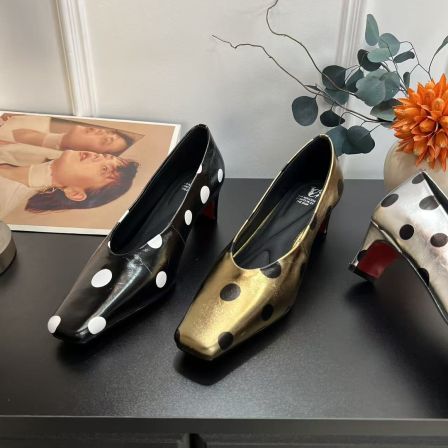 【Timelesss】2026新款波点复古拼色牛皮气质百搭方头粗跟单鞋4cm