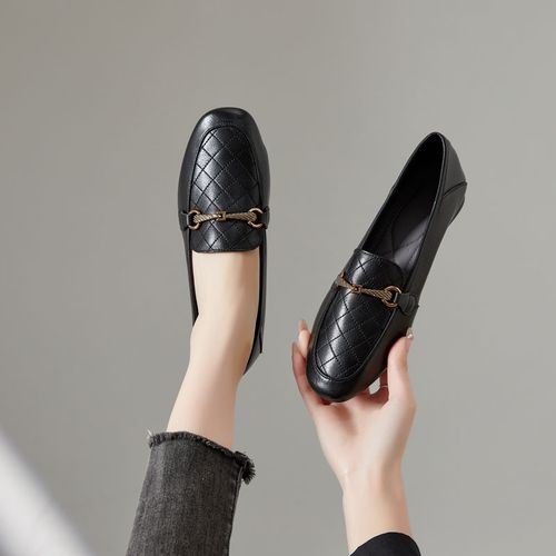 X506-2 新款春秋休闲百搭软皮软底真皮方头平底单鞋女大码女鞋主图