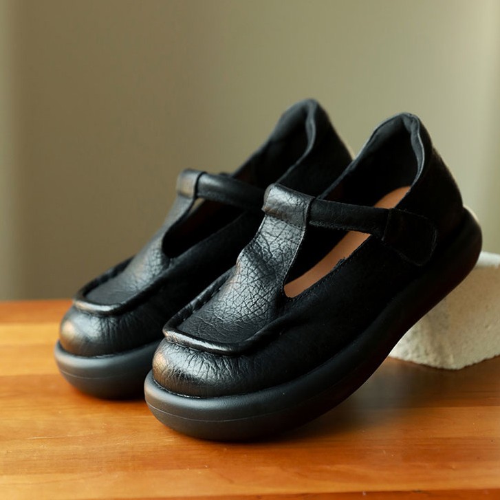牛皮单鞋丁字袢带复古厚底坡跟春夏新款圆头文艺复古女鞋主图