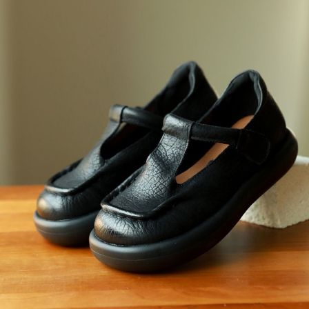 牛皮单鞋丁字袢带复古厚底坡跟春夏新款圆头文艺复古女鞋