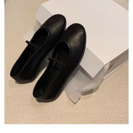 极简一字带软底玛丽珍单鞋女小跟鞋平底浅口鞋黑色