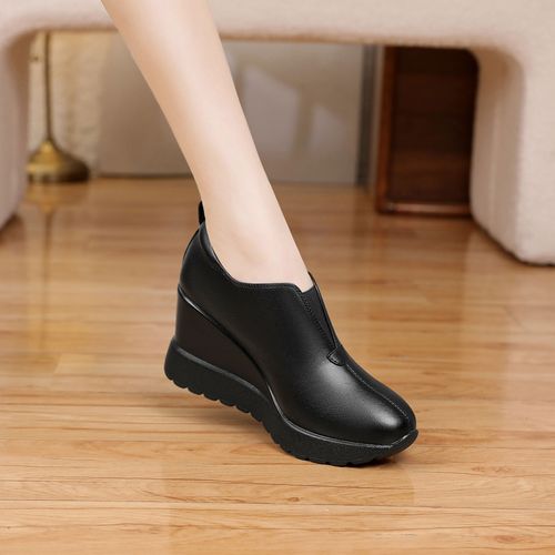8.5cm小个子舒适厚底坡跟鞋百搭一脚蹬休闲女鞋深口单鞋真皮圆头主图
