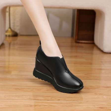 8.5cm小个子舒适厚底坡跟鞋百搭一脚蹬休闲女鞋深口单鞋真皮圆头