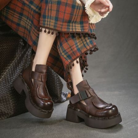 29812新款复古风小个子增高头层牛皮百搭春季罗马单鞋女款英伦风