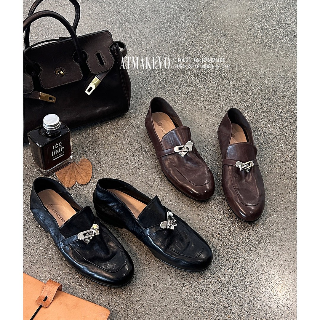 吕小布 | 经典kelly扣乐福鞋 水洗牛皮中古一脚蹬皮鞋单鞋女0712主图