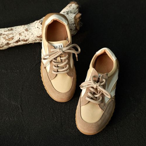 牛皮单鞋圆头拼色休闲平跟舒适软底女士单鞋春新款德训鞋主图