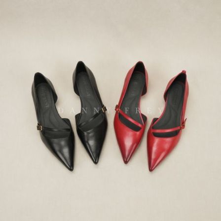 Dannyfrey丹尼芙蕾轻熟头层牛皮尖头坡跟侧空一字带浅口单鞋2.5CM