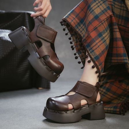 29809头层牛皮小个子增高厚底魔术贴包头后空春季女罗马凉鞋时尚