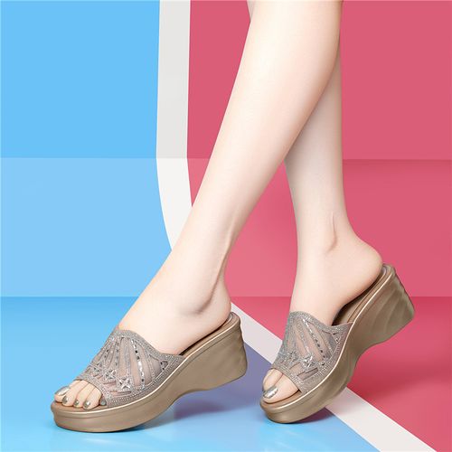 夏季厚底坡跟一字拖鞋女配裙子新款黑色网纱凉鞋高跟松糕时尚外穿主图