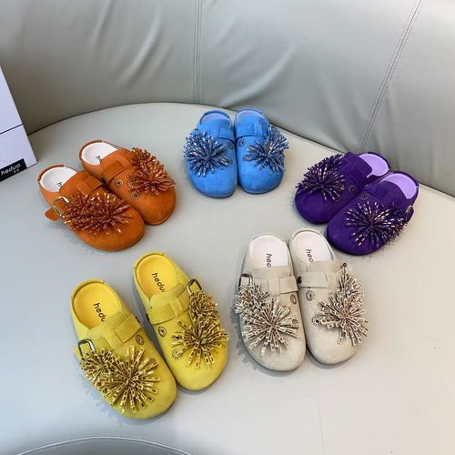 广州欧货【烟花水钻】早春真皮5cm勃肯圆头洋气轻奢包头拖109-1主图