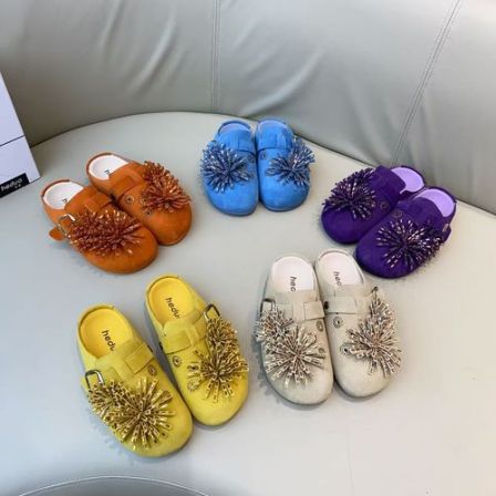 广州欧货【烟花水钻】早春真皮5cm勃肯圆头洋气轻奢包头拖109-1