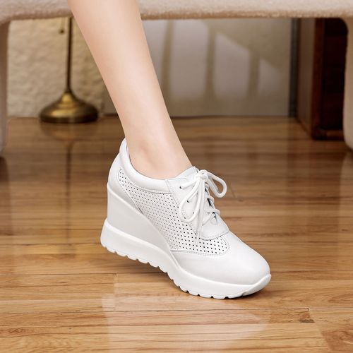 8.5cm透气镂空厚底坡跟鞋春夏软皮软底休闲鞋子系带深口真皮单鞋主图