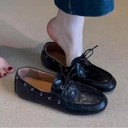 羊皮版~英伦风圆头系带乐福鞋女2026时尚一脚蹬平底浅口单鞋