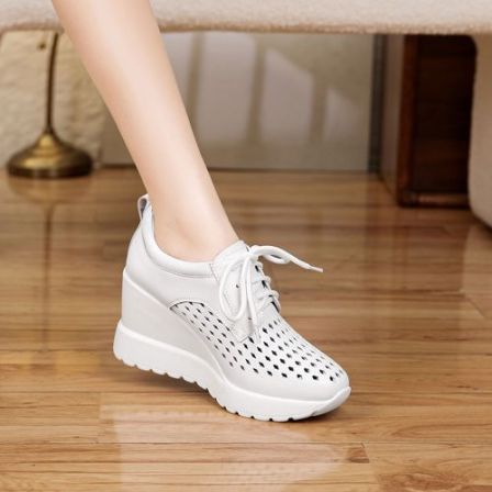 8.5cm白色休闲女鞋春夏镂空透气单鞋小个子百搭厚底坡跟鞋真皮