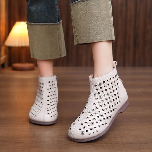 头层牛皮镂空短靴春季新款凉鞋侧拉链圆头平底女士洞洞鞋时尚女鞋主图