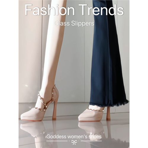 裸色超高跟鞋女日常百搭气质不累脚粗跟防水台铆钉时尚包头凉鞋女主图