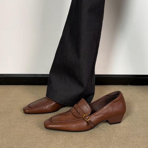 羊皮版~复古方头金属扣粗跟乐福鞋女通勤百搭真皮单鞋时尚工作鞋主图