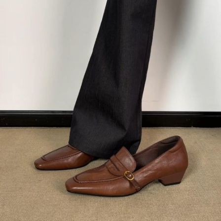 羊皮版~复古方头金属扣粗跟乐福鞋女通勤百搭真皮单鞋时尚工作鞋