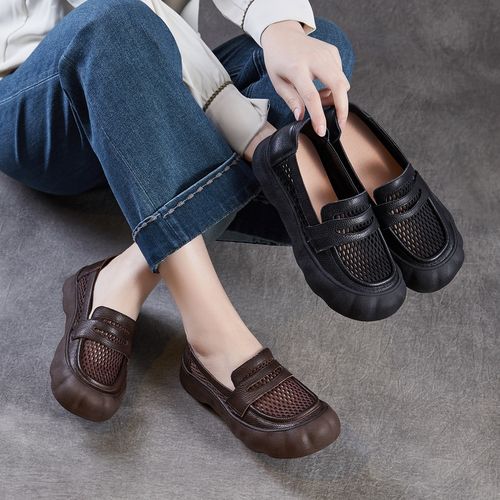 春夏款镂空单鞋一脚蹬凉鞋休闲女鞋真皮透气网面乐福鞋女士洞洞鞋主图