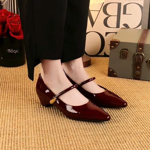 头层牛皮2026春夏季新款法式复古尖头粗跟一字扣玛丽珍女单鞋轻奢主图