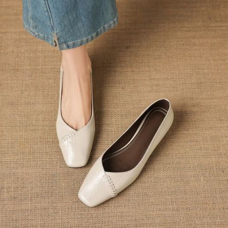 羊皮~2.5cm春秋新款法式方头浅口单鞋软底米白色低跟百搭真皮女鞋