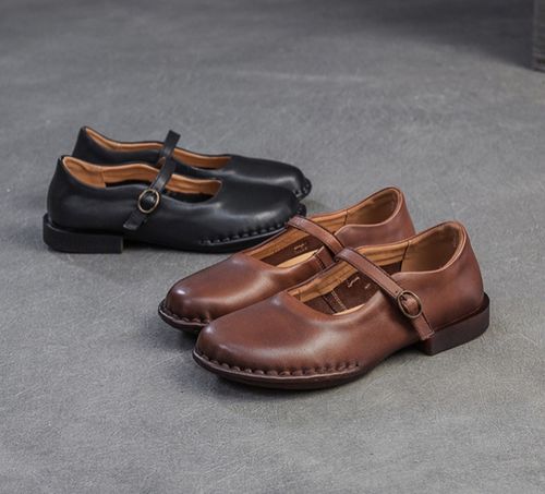春夏新款英伦风圆头真皮手工扣带浅口平跟玛丽珍单鞋主图