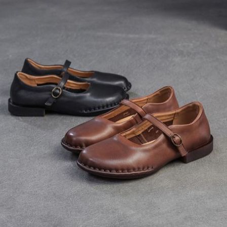 春夏新款英伦风圆头真皮手工扣带浅口平跟玛丽珍单鞋