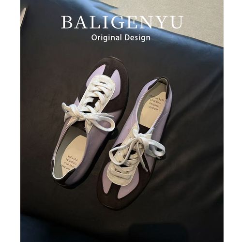 韩版拼接运动风百搭系带德训鞋春季新款中跟休闲阿甘鞋女主图
