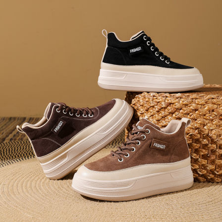 新款中帮时尚复古百搭休闲女鞋加绒增高鞋25505