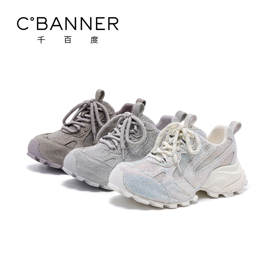 千百度休闲鞋女2026春季新款潮流轻便厚底时尚水钻老爹鞋主图