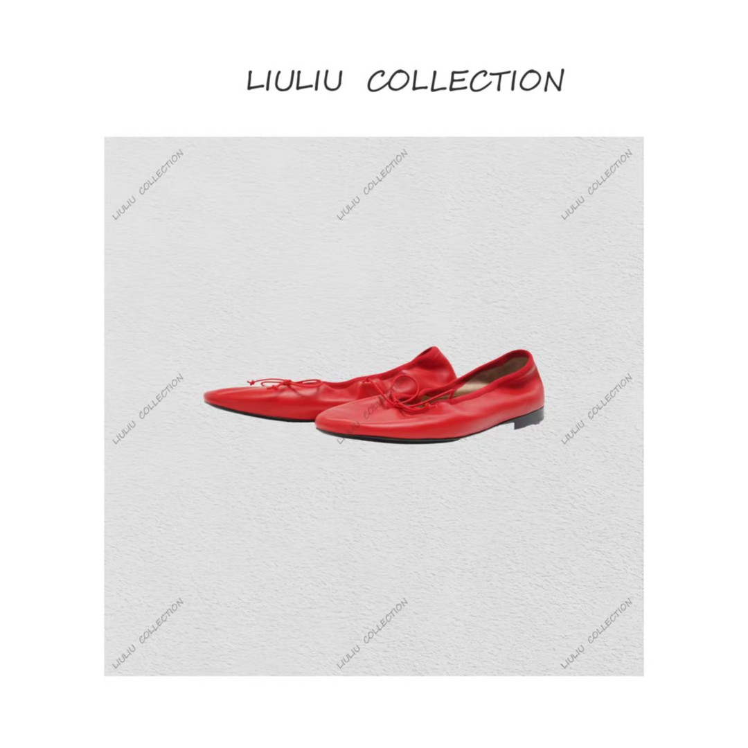 进口皮料真皮褶皱感圆头蝴蝶结平底时尚单鞋女主图