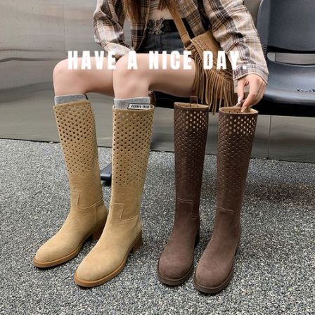 4.5cm【34-40】春夏季新款洞洞靴镂空透气时尚百搭不过膝骑士靴女