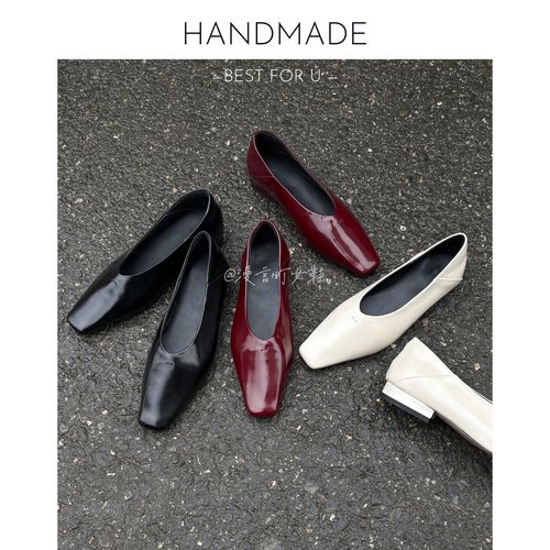 漫言町3CM头层牛皮方头真皮轻奢通勤单鞋平底气质极简女巫鞋浅口主图